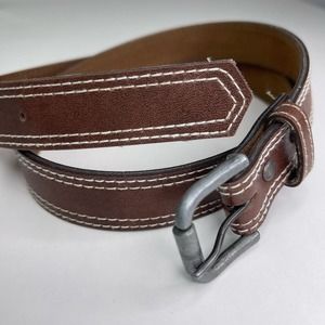 Brown Contrast Stitching Faux Vegan Leather Thin Belt Silver Buckle — Size Small